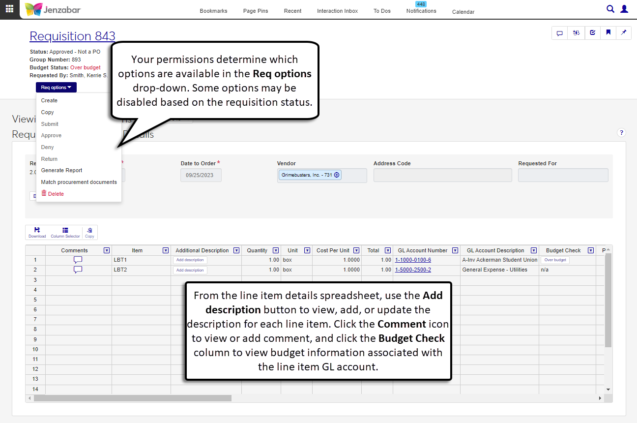 Requisition details page with the Req options expanded.