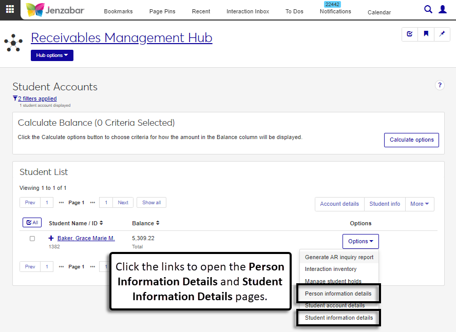 Student Accounts page, Options for a selected student.