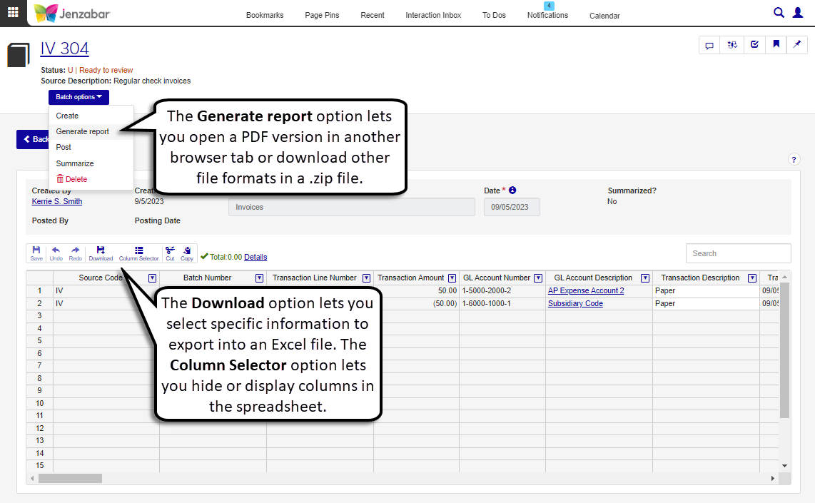 Finance batch page with options to generate a report, download item details, or update the column view highlighted.