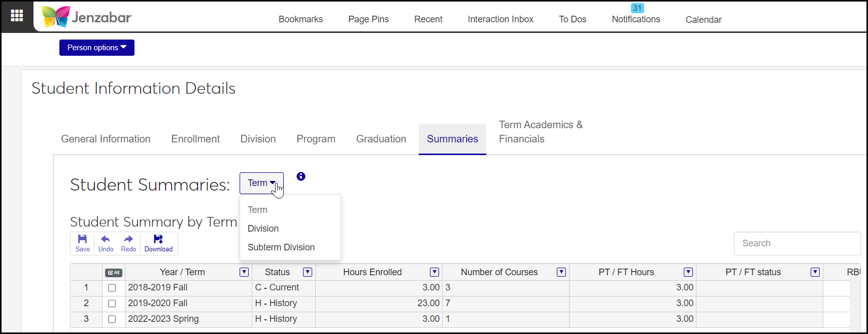 Student Information Details page, Summaries tab showing the Student Summaries drop-down expanded with Term, Division, and Subterm Division options available