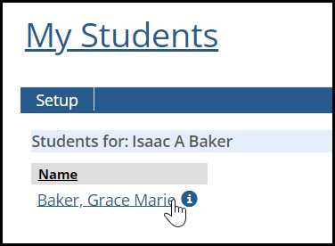 My Students page showing the parent's child's name as a link