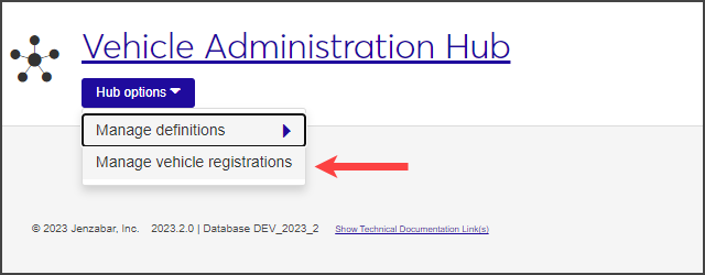 Vehicle Administration Hub - Hub options drop-down menu
