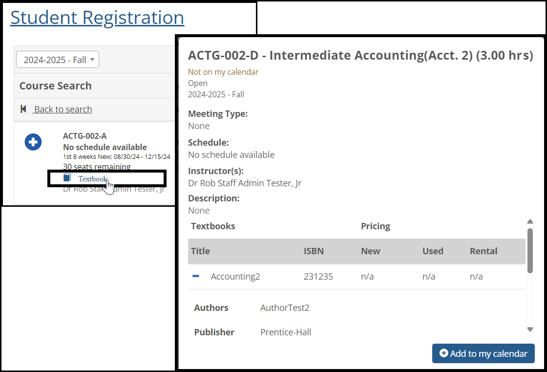 Student Registration page in the Campus Portal showing a course in a search result. The Textbook link is clicked, and the textbook information appears.