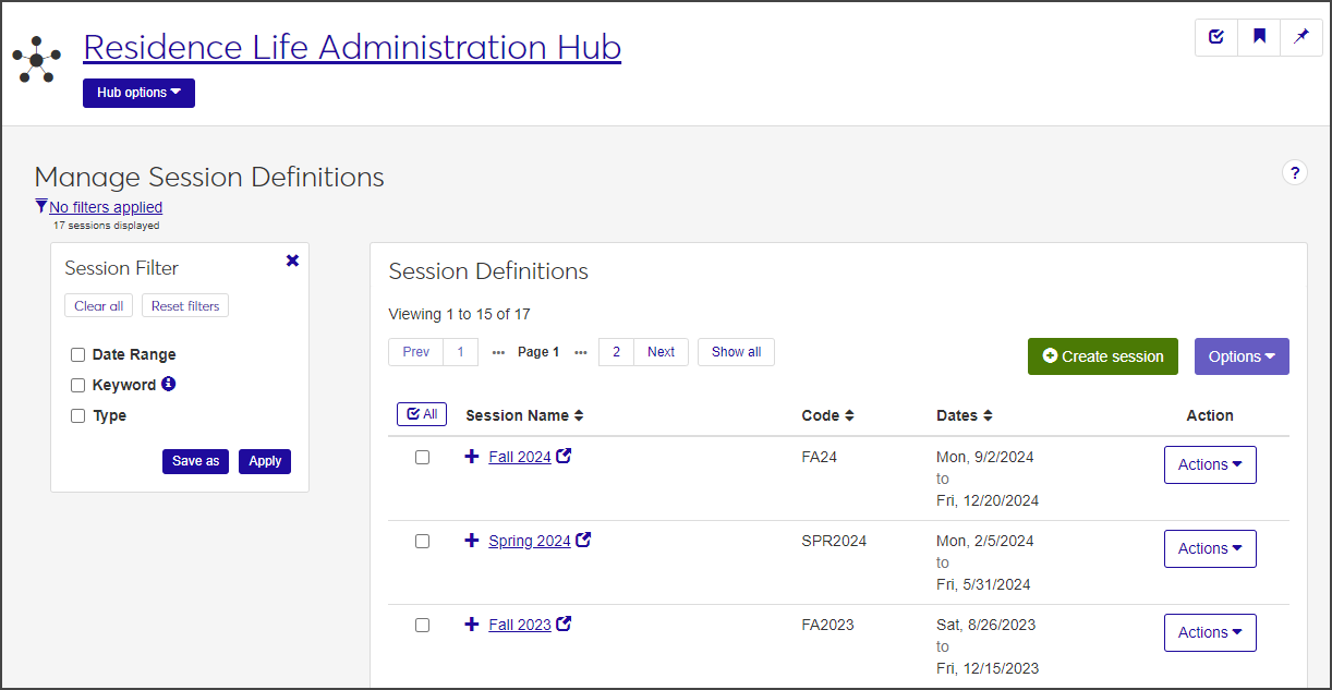 Manage Session Definitions page