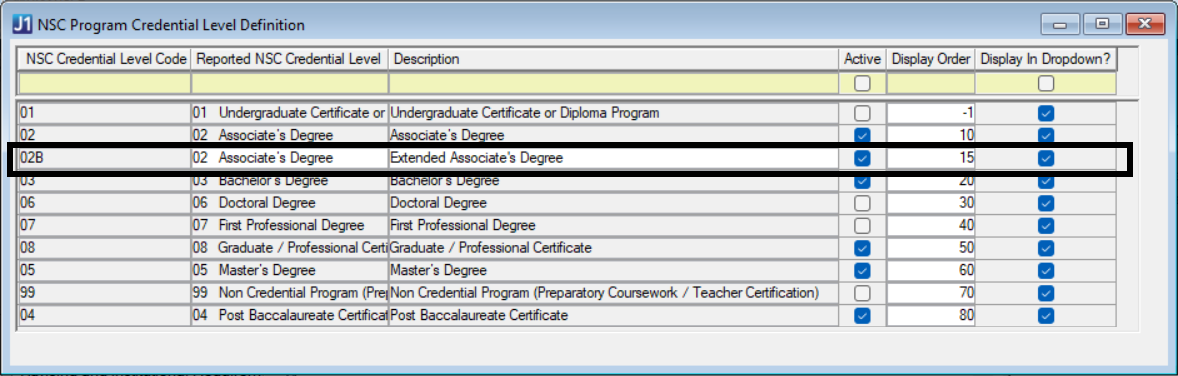 NSC Program Credential Level window showing an example second version of the associate's degree credential level