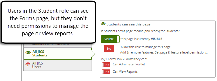 Example permissions page for students who are able to see the Student Forms page.