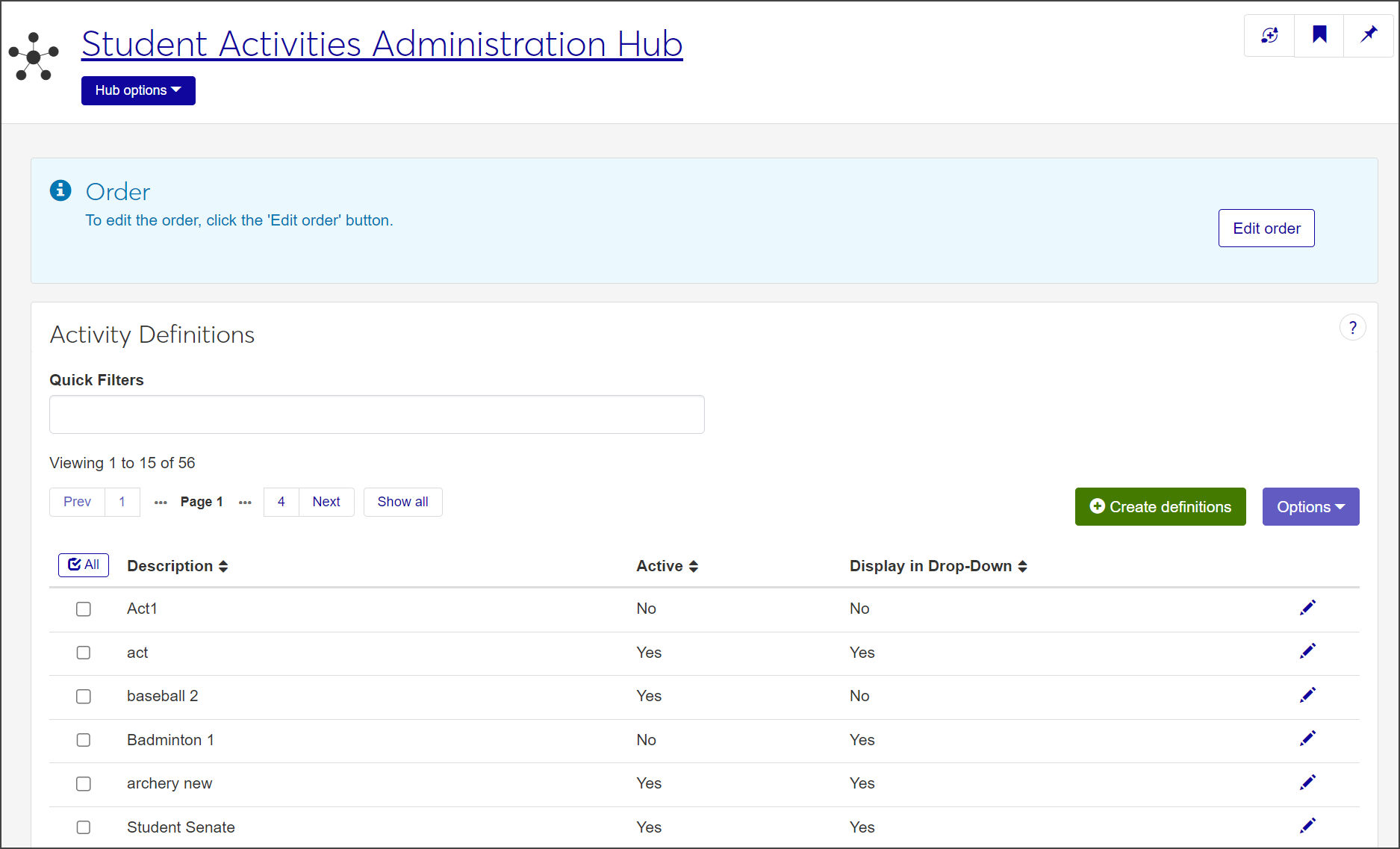 Activity Definitions page