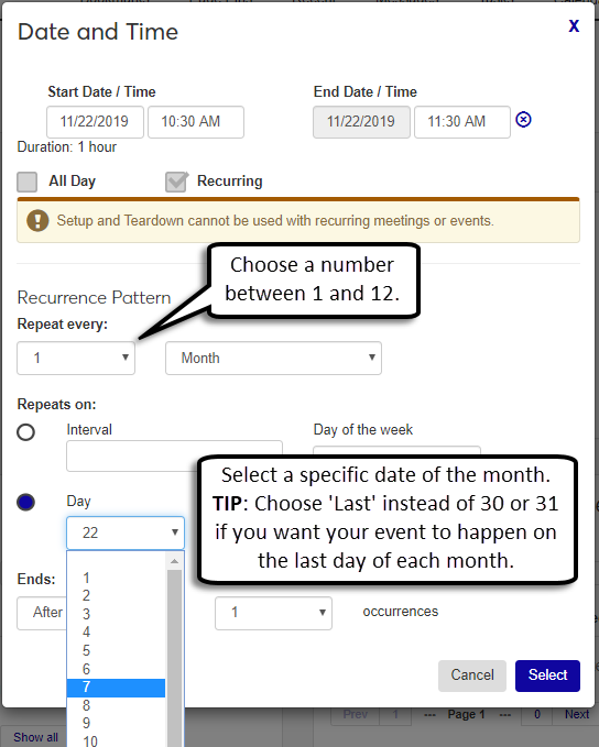 Date and Time pop-up for the monthly day recurring event repetition.