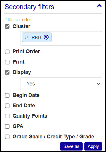 ARC filter showing Secondary filters with Cluster selected and RBU chosen. Display is also selected with "Yes" as the value.