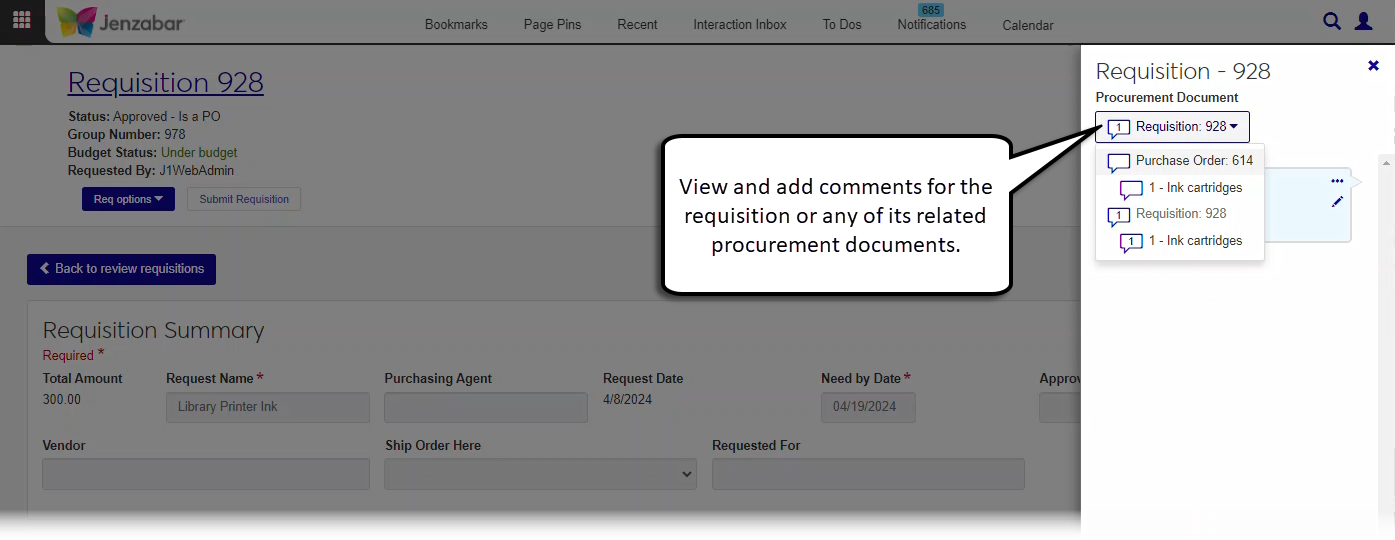 Requisition details page with the comments for both the requisition and PO created from the requisition displayed.