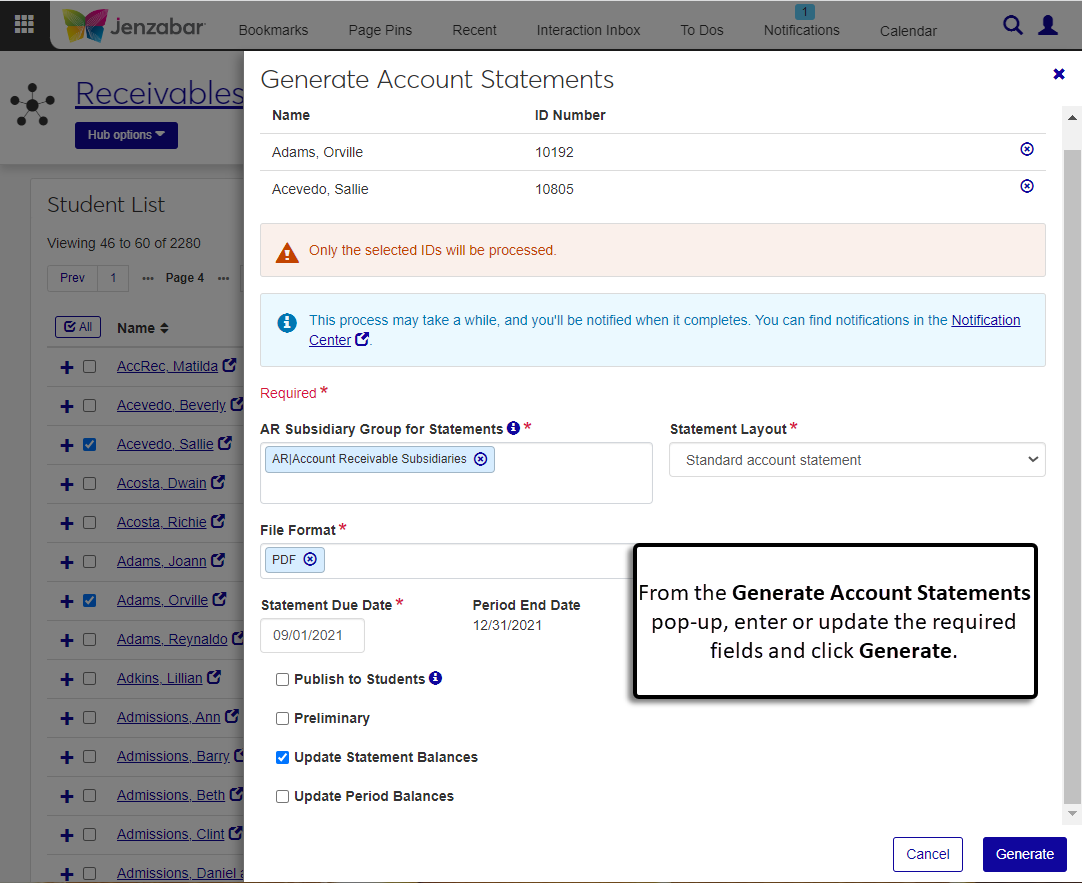 The Generate Account Statements pop-up that opens when you click Generate account statements button on the Accounts Statements page.