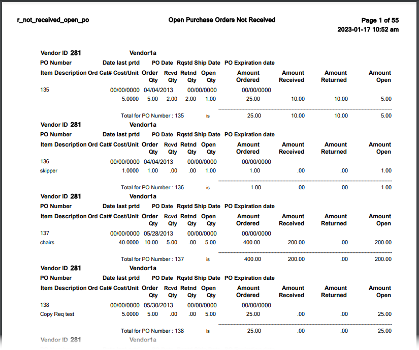 Open Purchase Orders Not Received report PDF.