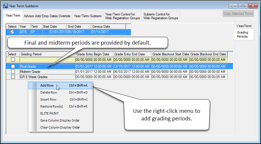 J1 Desktop Year Term Subterm window showing the "Add Row" option in the right-click menu