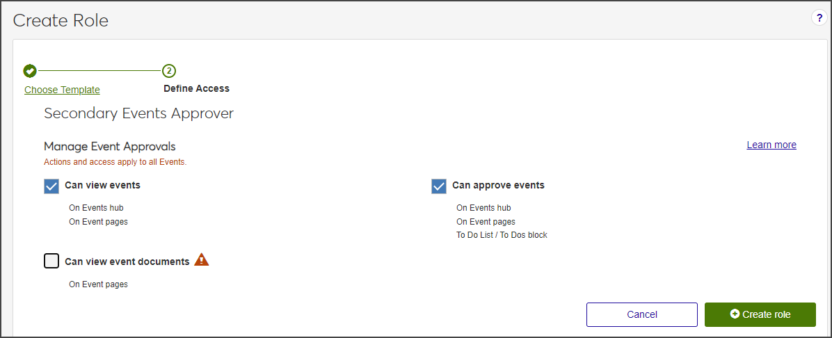 Create Role wizard - Define Access step