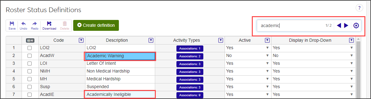 Roster Status Definitions spreadsheet - search field highlighted