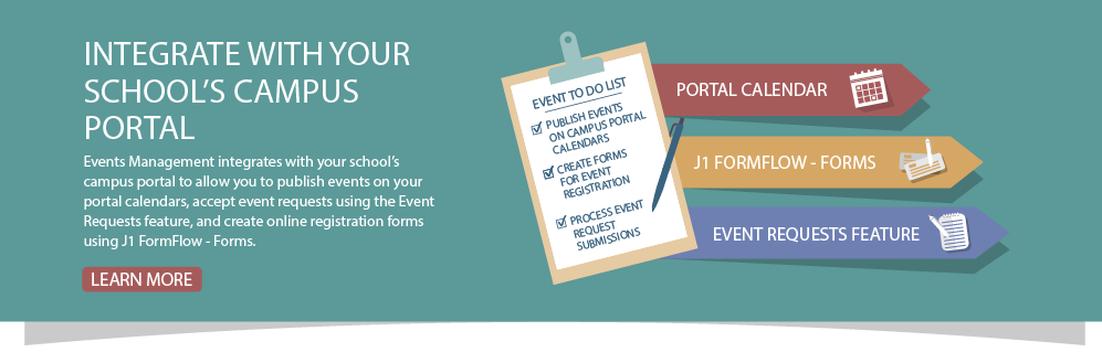 J1 Web and campus portal integration infographic that highlights calendars, forms, and events that can be shared between systems.