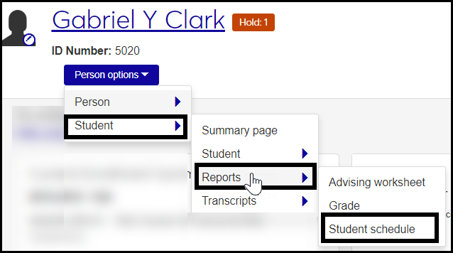 A student's Student Summary page showing the navigation to the Student Schedule Report