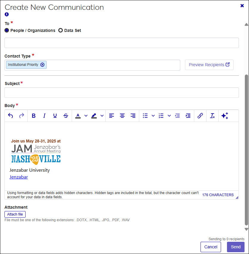 Screenshot of Create New Communication window with an email signature in the Body field