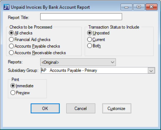 Desktop Unpaid Invoices By Bank Account Report window.