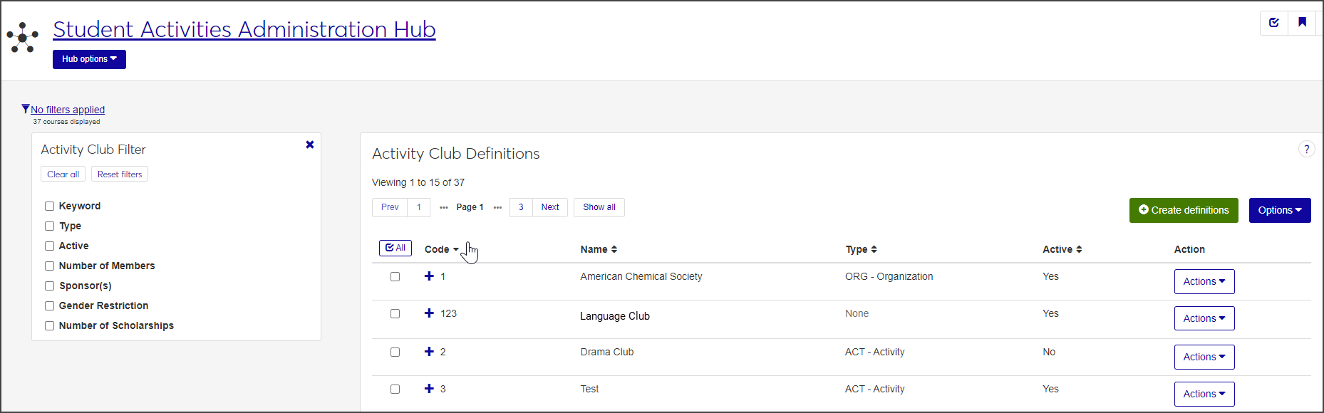 Student Activity Club Definitions page