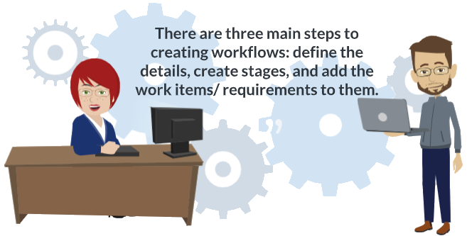Image shows a character at a desk and a character holding a laptop. The text says: There are three main steps to creating workflows: define the details, create stages, and add the work items/ requirements to them.