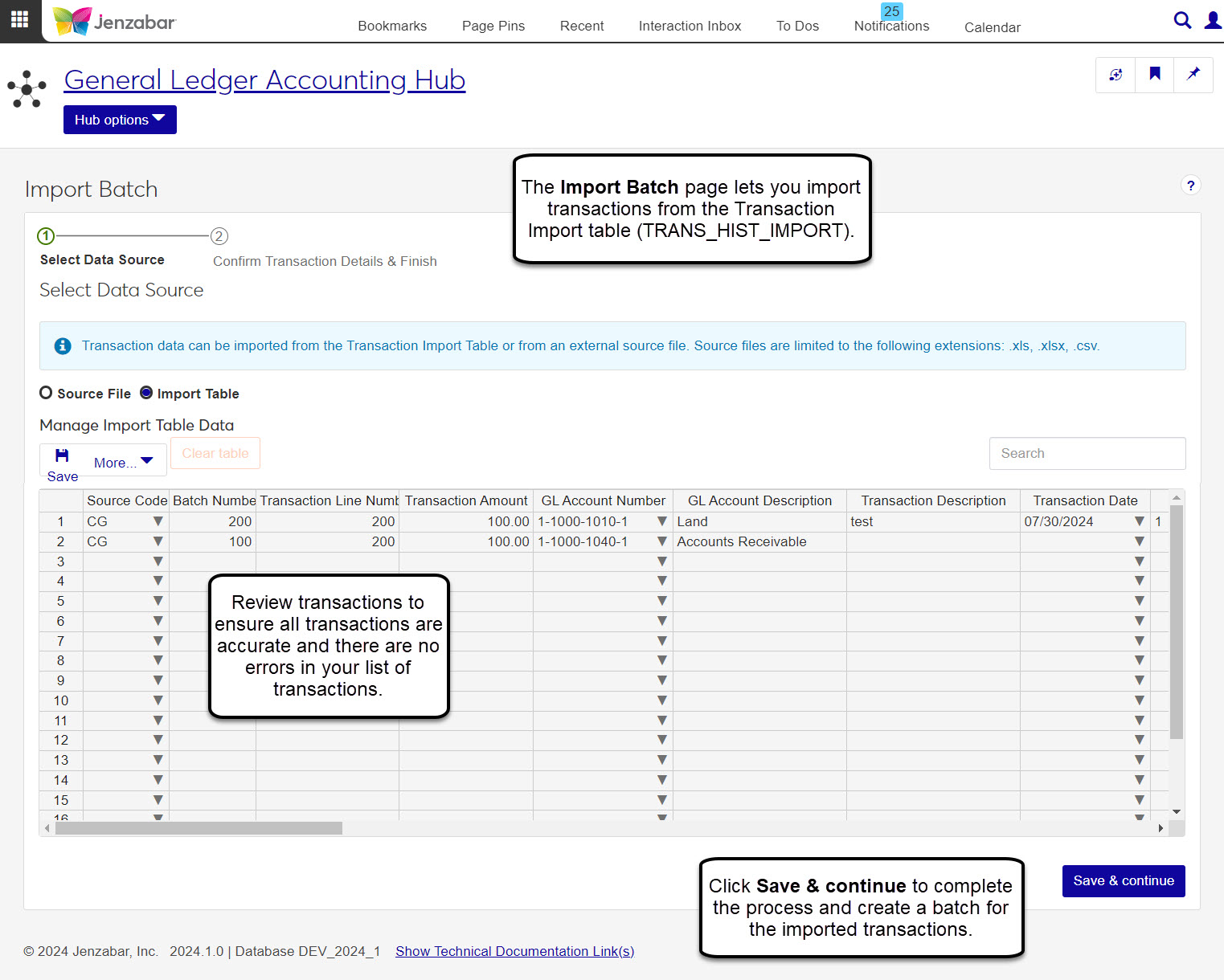 Import Batch page with the Import Table option selected.