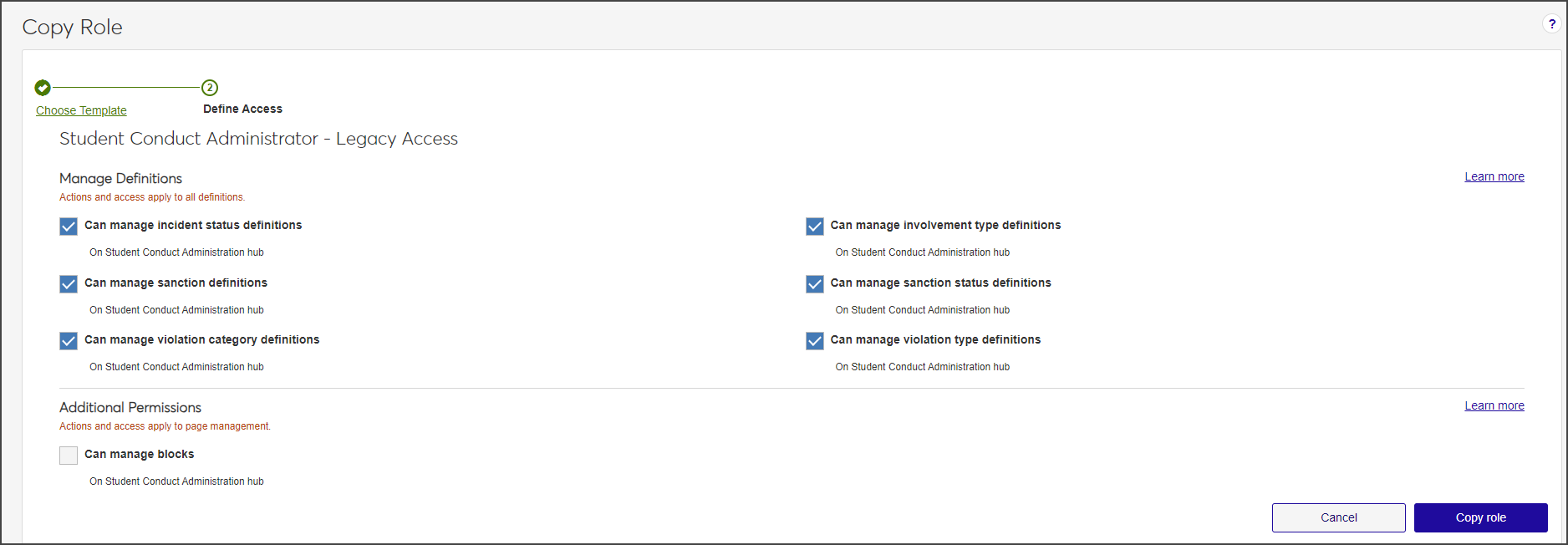 Copy Role wizard - Define Access step