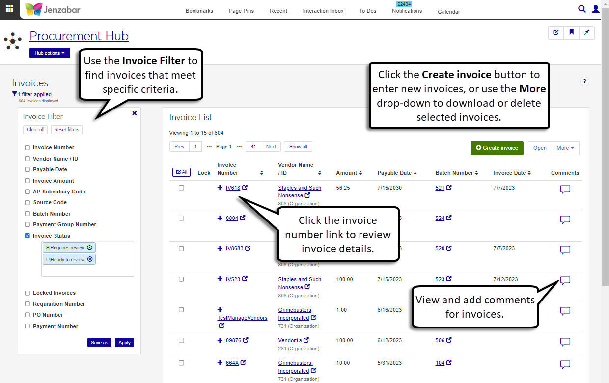 J1 Web Invoices list page.