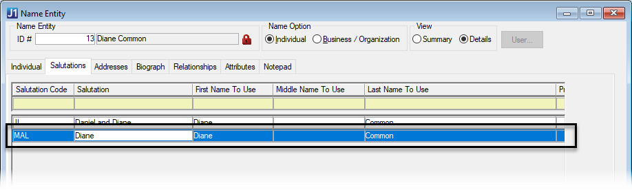 Name Entity window, Salutations tab.