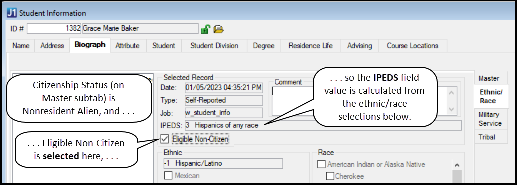 Student Information window, Biograph tab, Ethnic/Race subtab showing the Eligible Non-Citizen checkbox selected, and the IPEDS field with a value calculated from the ethnic and race selections on the tab