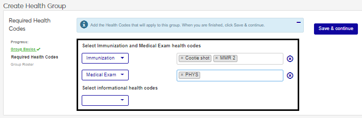 Create Health Group window - continued