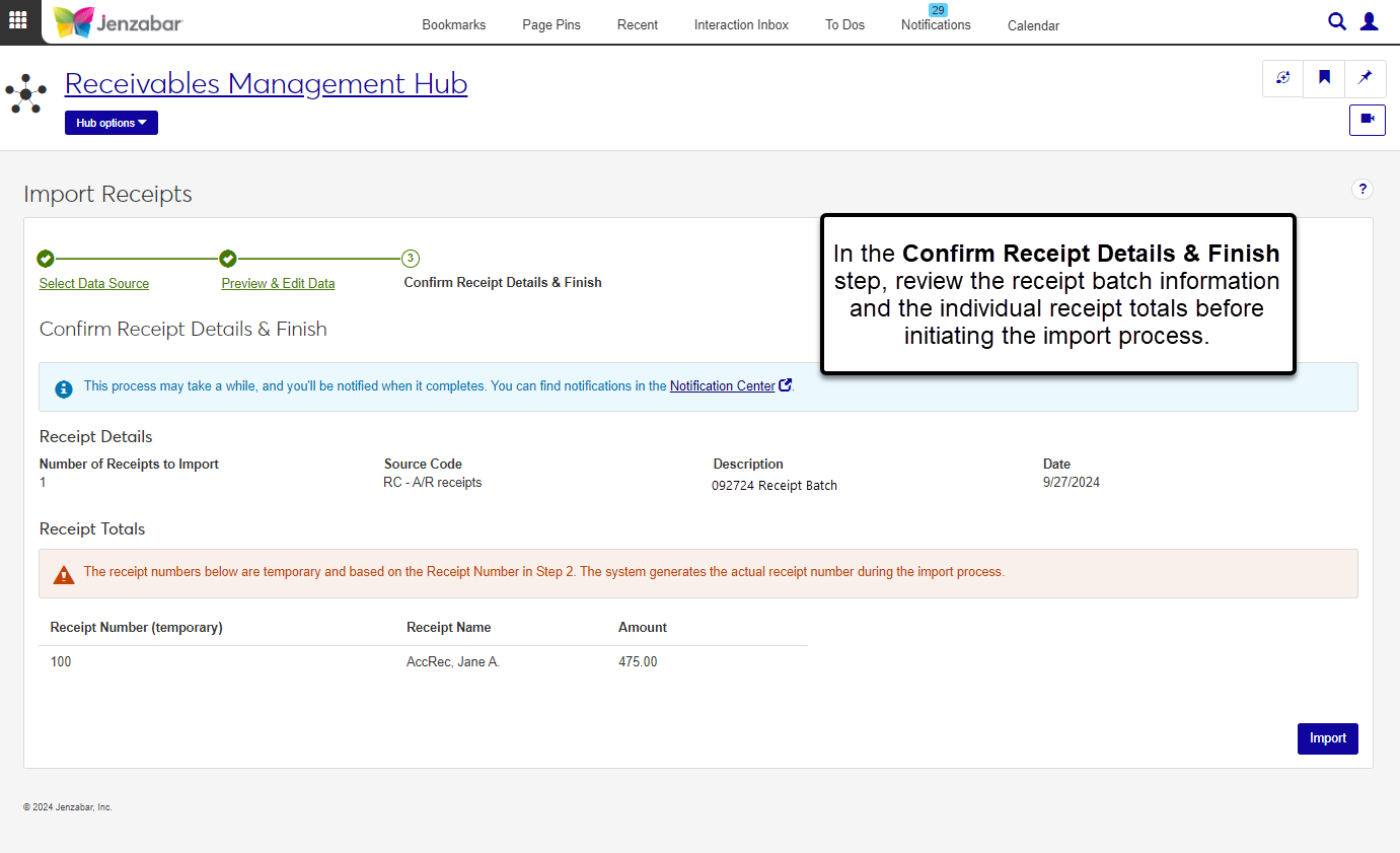 Step 3 of the Import Receipts wizard to confirm the receipt details and initiate the import.