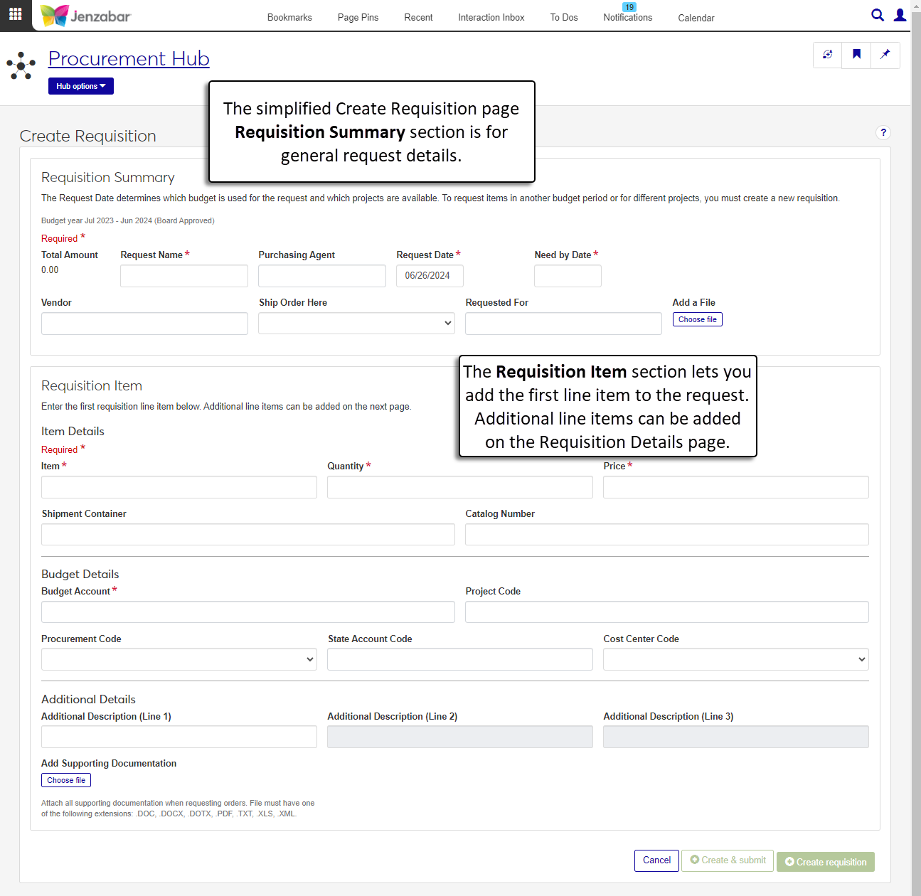 Simplified Create Requisition page.