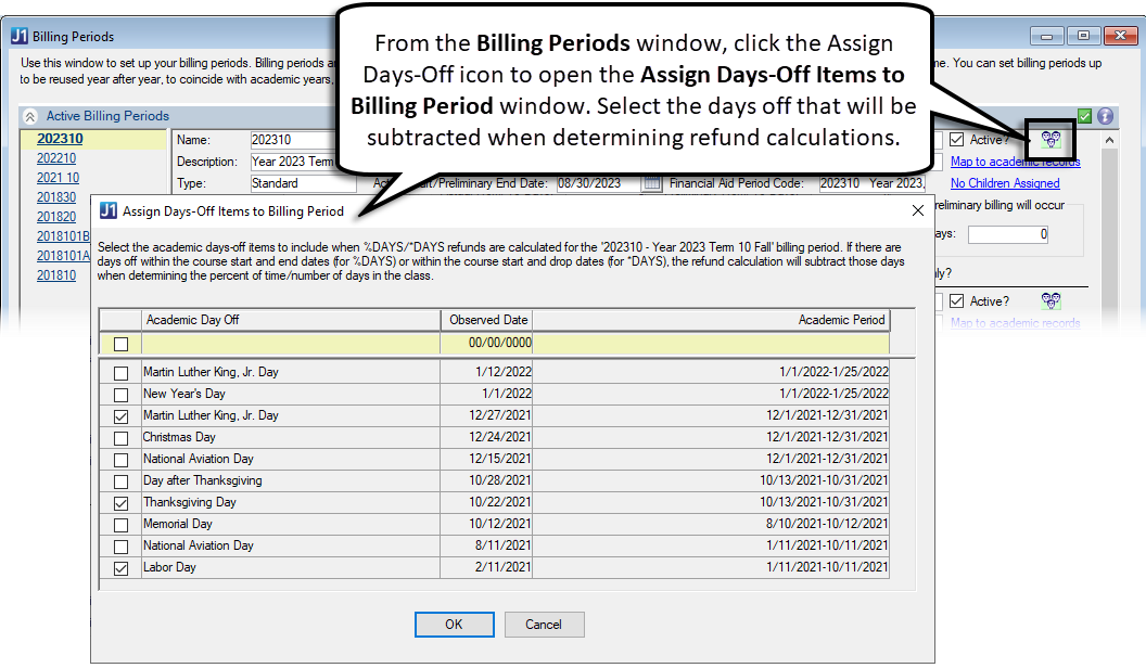 Desktop Billing Periods window with the Assign Days-Off Items to Billing Period window open to select days off.