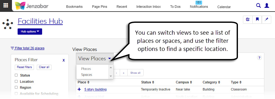 View Places drop-down with option to View Spaces.