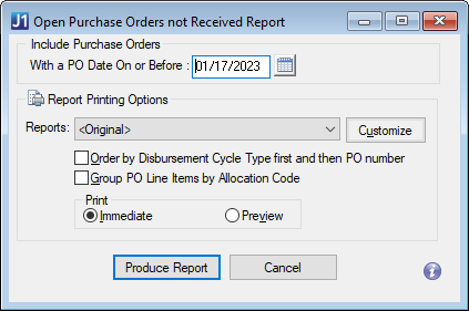 Desktop Open Purchase Orders not Received Report window.