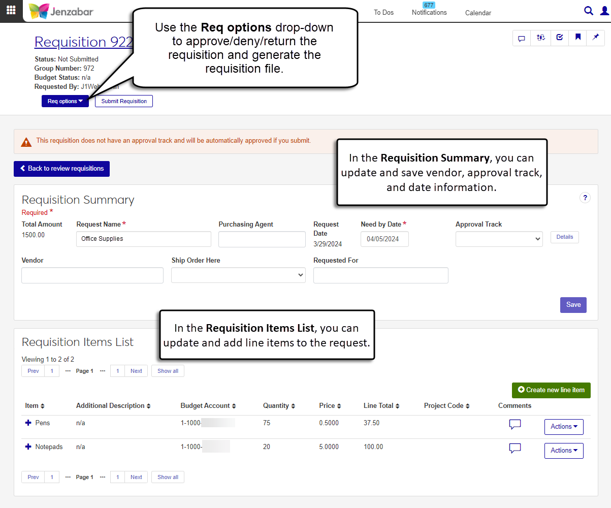 Requisition details page for campus users with the Requisition Summary and Requisition Items List sections highlighted.