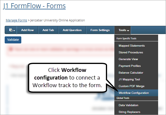 Form Admin toolbar with Workflow configuration selected from the Tools drop-down.
