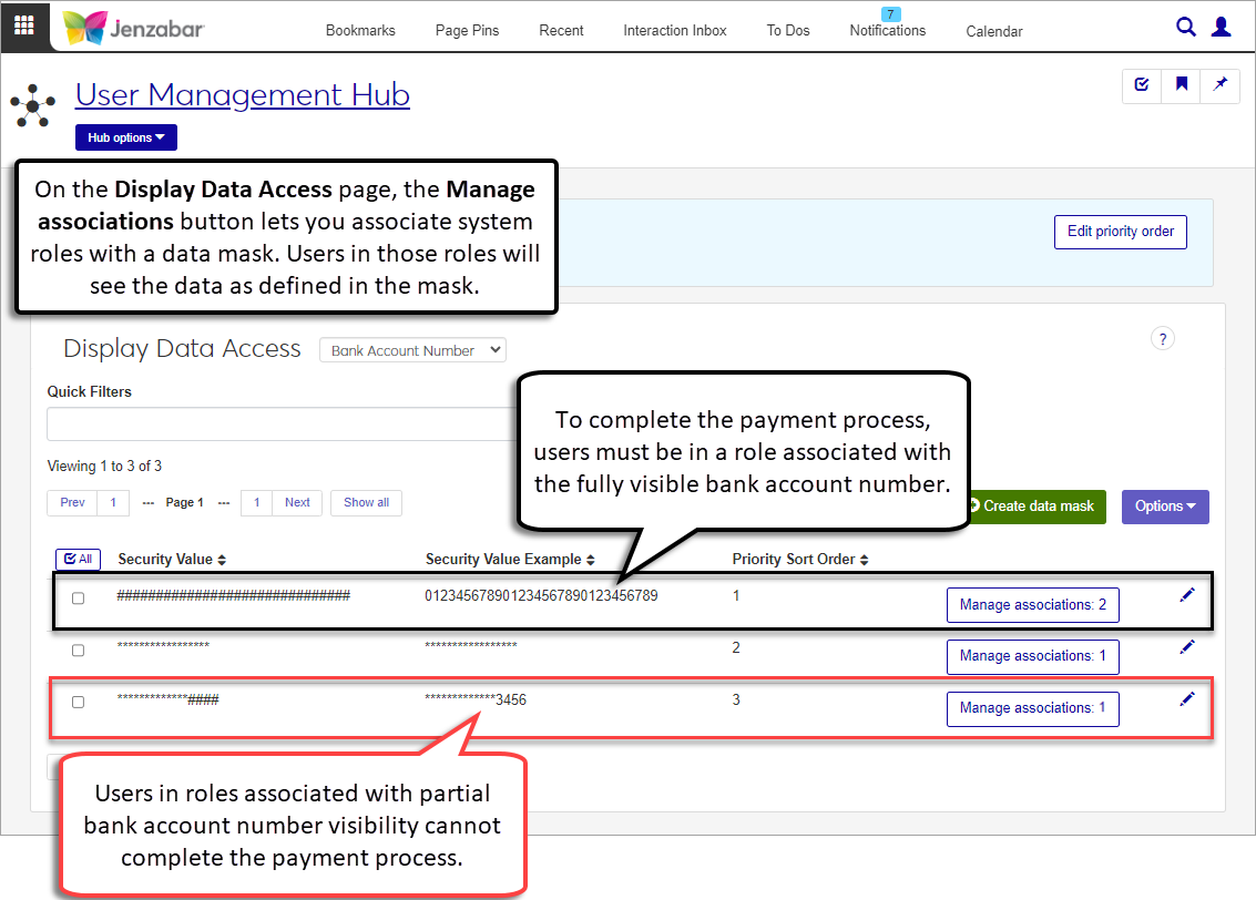 Data Display Access page for bank account numbers. Data masks for full and partial account information are highlighted.