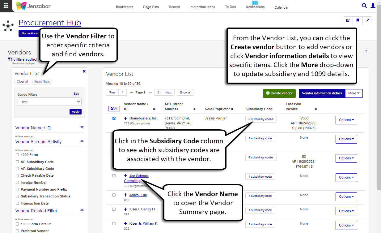 J1 Web Vendor List page with filter options, links to open the vendor details, and a Create vendor button to add vendors.