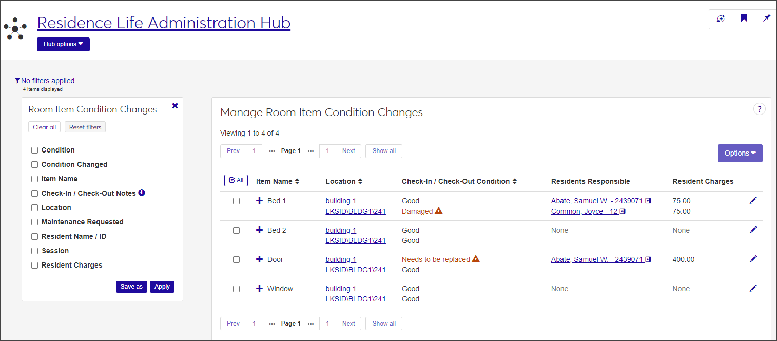 Manage Room Item Condition Changes page