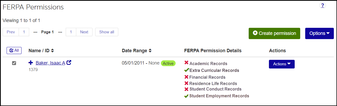 ​​The FERPA Permissions page showing a list of both granted permissions not granted permissions
