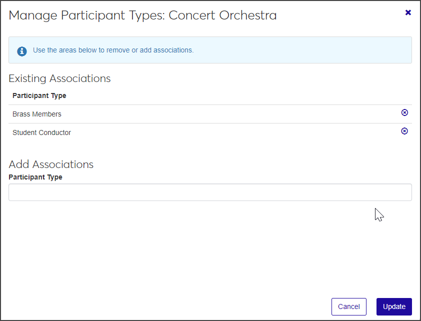 Sport/Activity Detail Definitions page - Manage Participant Types window
