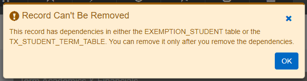 An alert saying that the selected record can't be removed because it has dependencies