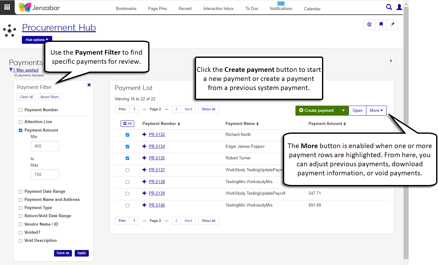 Procurement Hub, Payment List page.