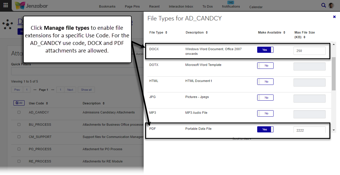 Make File Extensions Available page with Manage file types pop-up displayed.