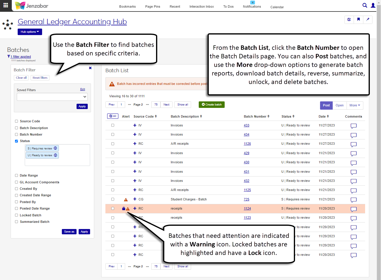 General Ledger Accounting Hub Batch List page.