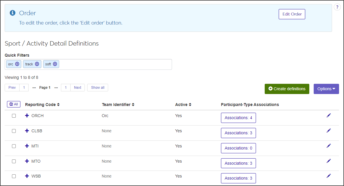 Sport / Activity Detail Definitions page