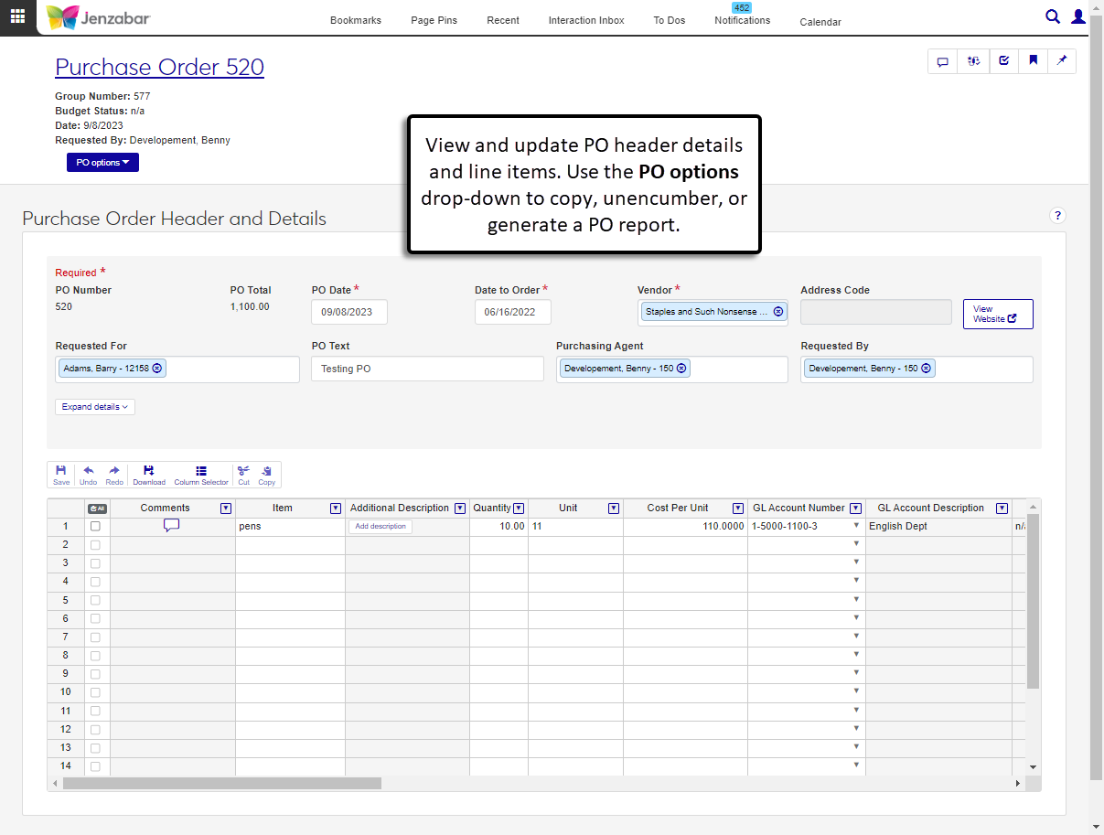 Purchase Order Header and Details page.