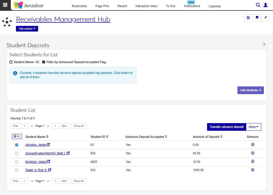 J1 Web Student Deposits page.